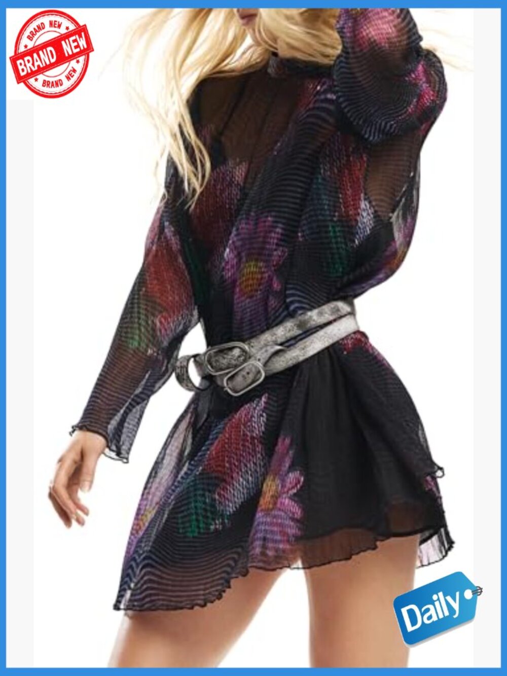 Long Sleeve Midi Dress with Button Front Chevron Pattern Viscose Spring Summer - Picture 3 of 5